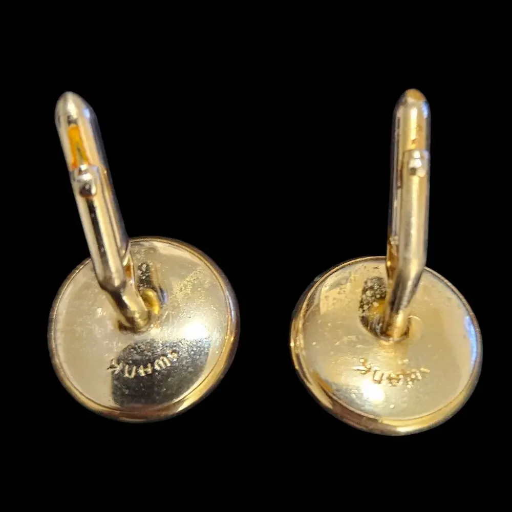 Swank Green Jade Nephrite Stone Gold Tone Round Cufflinks Vintage